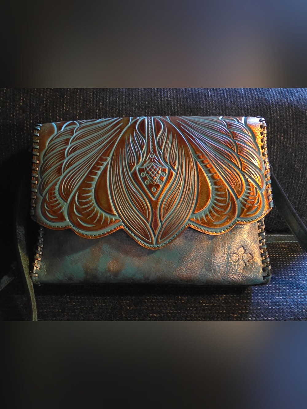 Patricia Nash Teal and Gold Hand-Tooled Leather Crossbody
